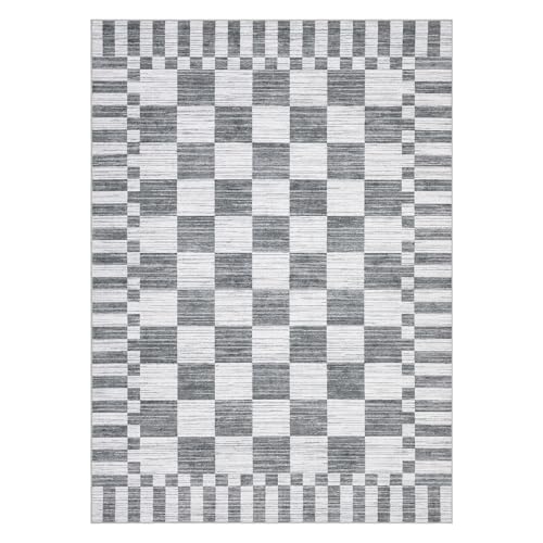 GarveeHome Grey Checkered Rug 5×7 Area Rugs for Living Room，Non-Slip Washable Rug Soft Low-Pile, Modern Farmhouse Geometric Rugs for Bedroom Dining Room - color: Grey, size: 5' x 7' (Rectangular)