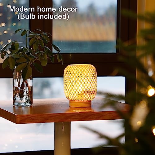 LUSHARBOR Rattan Lamp, Cordless Boho Lamp Battery Operated, Table Lamp with LED Bulb, Handmade Bamboo Beside Lamp Small Rattan Lamp, Decorative Battery Lamp for Kids Room Entryway - Grid - style: GRID