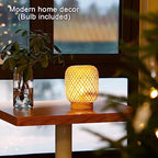 LUSHARBOR Rattan Lamp, Cordless Boho Lamp Battery Operated, Table Lamp with LED Bulb, Handmade Bamboo Beside Lamp Small Rattan Lamp, Decorative Battery Lamp for Kids Room Entryway - Grid - style: GRID