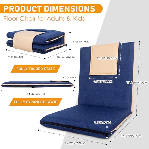 FASTMOMENT 14-Position Adjustable Floor Chair with Back Support - Portable Gound Seating for Adults & Kids, Foldable Meditation Chair with Japanese KOYO Bearings & Washable Linen Cover (Blue) - color: Blue & Yellow, style: Regular