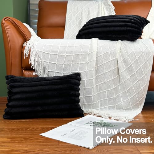 20" x 12" Black Throw Pillow Covers Pack of 2, Soft Fluffy Faux Fur Decorative Pillows for Couch, Bed Cover with Velvet Back for Living Room, Home Décor for Sofa (50cm x 30cm, No Inserts Included) - color: Black, size: 20" x 12" (Pack of 2)