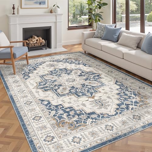 befbee 5x7 Area Rug for Living Rooms, Stain Resistant Neutral Washable Rugs for Dining Rooms, Floral Vintage Non-Slip Thin Large Size Area Rugs(Blue) - color: Blue, size: 5' x 7' (Rectangular)