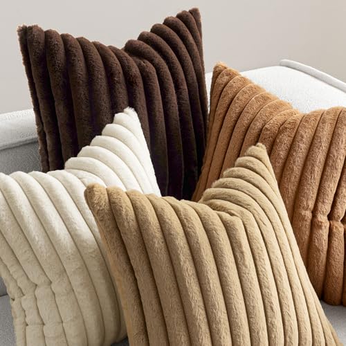 MIULEE Faux Fur Plush Decorative Throw Pillow Covers 20x20 Set of 4, Boho Farmhouse Soft Fuzzy Striped Cushion Covers for Sofa Couch Bed Living Room Vintage Rustic Home Decor,Brown - color: Brown, size: 20" x 20" (Pack of 4)