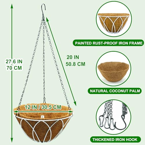 HOSY 2-Pack 12-in Hanging Metal Planter Baskets with Coconut Fibre Liner | Round Wire Planter, White, Openwork Petal-Shaped Design, 12-in Diameter, Includes Chain & Hook, Tool-Free Hanging Setup - color: Petals - White