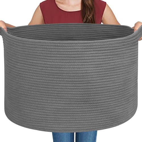 MEGASKET Large Dark Grey Storage Basket, Woven Cotton Rope Baskets for Storage, Big Blanket Organizer Storage Basket for Living Room, Kids Room Toy Storage Organizer Box, Blanket Keeper (22"x14") - color: Dark Gray, size: 22"x22"x14"