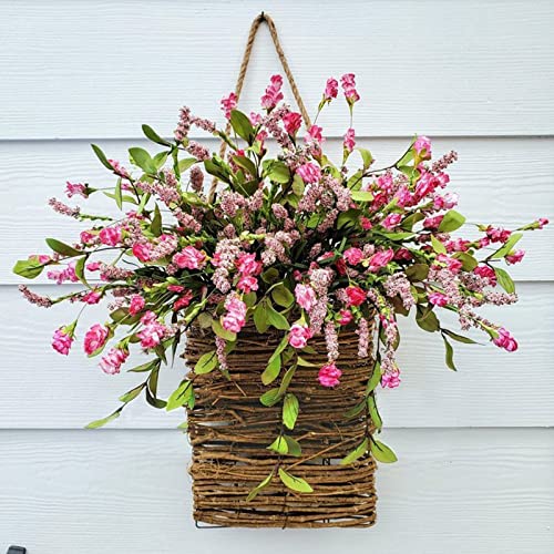 Pink Berry Wildflower Door Hanger Basket Wreath - Spring & Summer Front Door Decor, Mother's Day Hanging Ornament, Seasonal Welcome Basket for Weddings, Parties, Home Decoration - color: Pink