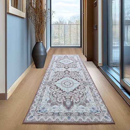 Foxmas Hallway Runner Rug, 2x6 Vintage Kitchen Runner Area Rugs Non Skid Washable, Low Pile Throw Rugs with Rubber Backing Carpet for Laundry Room Entryway Bedroom Home Decor, Brown - color: Brown/Blue, size: 2' X 6' (Runner)