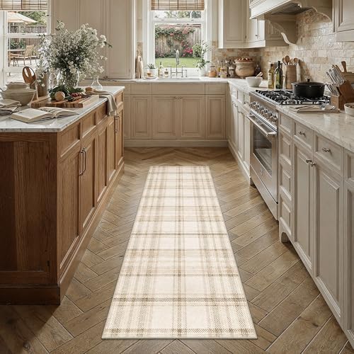 2x5 Beige Runner Rug for Kitchen Machine Washable Low Pile Checkered Carpet Modern Accent Soft Non Slip Rug for Bathroom Bedroom Nursery Indoor - color: Beige, size: 2' x 5' (Runner)