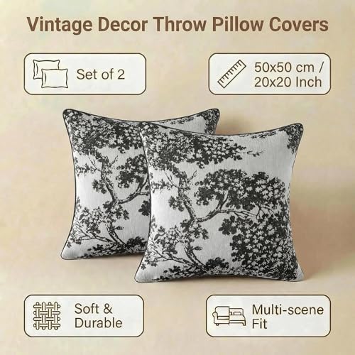 Mantle & Mason Floral 20x20 Throw Pillow Covers Set of 2, French Vintage Woven Jacquard Decorative Accent Pillow Cases for Couch, 430GSM Thick Chenille & Luxury Velvet, Black - color: Tree Pattern Black, size: 20" x 20" (Pack of 2)