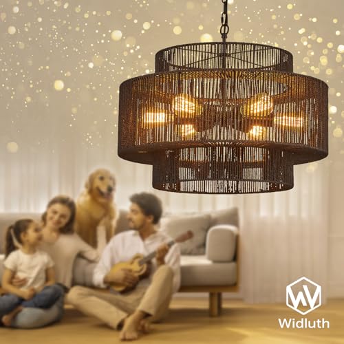 23.6" Black Rattan Chandelier, 6-Light Hand-Woven Boho Light Fixture, 3-Tier Drum Wicker Chandelier for Dining Room, Bedroom, Kitchen Island, Foyer - color: black 23.6"
