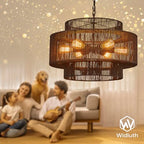 23.6" Black Rattan Chandelier, 6-Light Hand-Woven Boho Light Fixture, 3-Tier Drum Wicker Chandelier for Dining Room, Bedroom, Kitchen Island, Foyer - color: black 23.6"