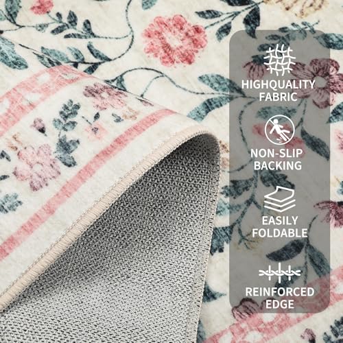 GarveeHome Washable Rug 6 x 9, Low Pile Farmhouse Floral Rug, Non-Shedding Indoor Foldable Printed Carpet Non-Slip Soft Vintage Throw for Bedroom Dining Room Kitchen, Pink - color: Pink, size: 6' x 9' (Rectangular)