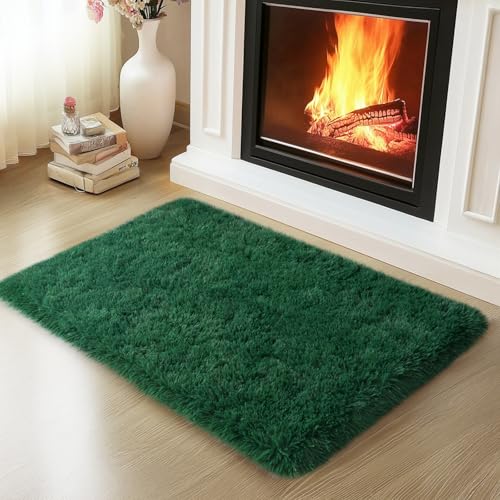 Mugorn 2x3 Rugs for Bedroom, Fluffy Dark Green Area Rugs for Living Room, Soft Shag Kids Rug Small Carpet with 4 Non-Slip Rug Pads (2ft x 3ft, Dark Green) - color: Dark Green, size: 2ft X 3ft