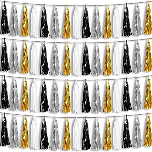4P Black Gold Silver Foil Fringe Metallic Tassel Garland, Tassels Banner Streamers for Parade Floats, Bachelorette, Wedding, Birthday, Halloween, Christmas, Bridal/Baby Shower Party Decorations - color: Black Silver Gold