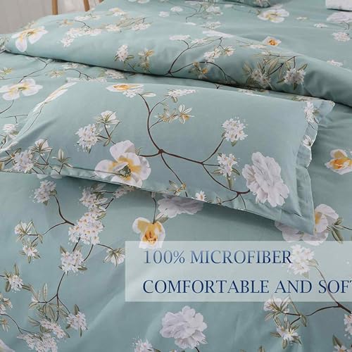 Nanko Teal Floral Duvet Cover King Size, 3pc Turquoise Aqua Farmhouse Flowers Botanical Pattern Printed Microfiber Comforter Cover Set, Soft and Lightweight Quilt Cover for Women 104x90 Inches - color: Teal, size: King