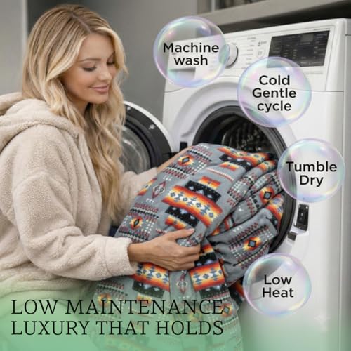 Sacred Thread Aztec Blanket Fleece, Reversible Native American Blanket, Western Throw, Native American Western (Grey Flannel), Queen (79”x95”) - color: Grey Flannel, size: Queen (79”x95”)