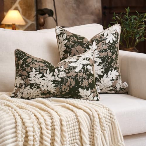 Yangest Neutral Leaf Pillow Cover 12 x 20 Inches, Vintage Chenille Rectangle Throw Pillow Cover Soft Leaves Nature Accent Couch Pillow Cover for Living Room Bedroom, Green - color: Green, size: 20" x 12" (Pack of 1)