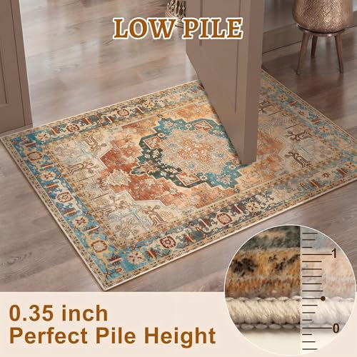Tangsoo 2x3 Small Rug for Entryway, Washable Rugs Vintage Non Slip Small Area Rug, Indoor Front Door Rug, Print Distressed Door Mat Carpet, Soft Low Pile Rugs for Entry Entrance Kitchen Bedroom - color: Rusty Orange, size: 2' X 3' (Rectangular)
