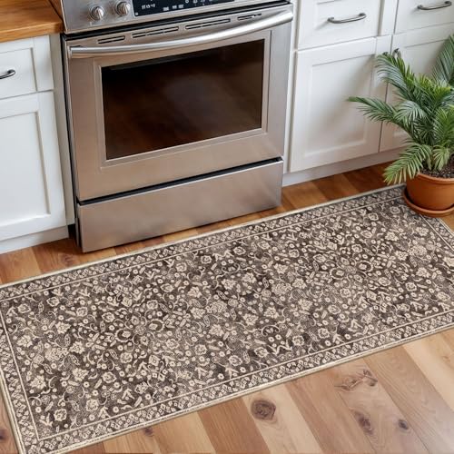 Vintage Washable 2x5 Rug Runner, Rust Brown Red Runners for hallways, Super Soft Kitchen Runner Rug Non Slip, Print Faux Wool Floral Thin Carpet Runner for Entryway Indoor Bedroom - color: Rust Brown Red, size: 2' x 5' (Runner)