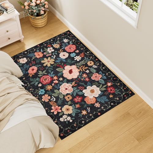 DUKINO 3x4 Area Rug, Lightweight Non Slip Washable Floral Rug, Indoor Low Pile & Non-Shedding Boho Design Carpets for Bedroom, Kitchen, Dining Room, Black - color: Black, size: 3' x 4' (Rectangular)