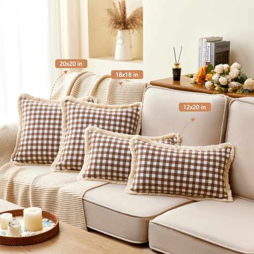 CARRIE HOME Farmhouse Brown Gingham Lumbar Pillow Covers 12x20 Set of 2, 12 x 20 Outdoor Khaki Checkered Plaid Lumbar Pillows for Patio Porch, Farmhouse Linen Throw Pillows with Ruffle Fringe - color: Lumbar Khaki & White (With Tassels), size: 20" x 12" (