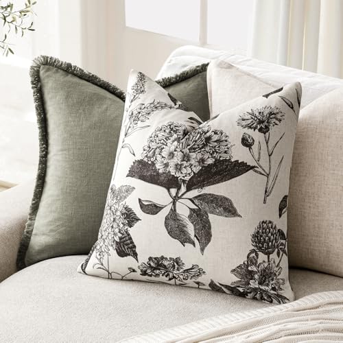 Foindtower Set of 2 Linen Floral Vintage Throw Pillow Covers Neutral Accent Print Decorative Cushion Covers Farmhouse Boho Home Decor for Sofa Chair Couch Bedroom Living Room,18×18 Inch,Black - color: Black, size: 18" x 18" (Pack of 2)