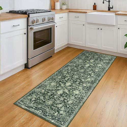 KILOCOCO Hallway Runner 2x5 Kitchen Runner Rug Printed Vintage Floral Washable Non-Slip Runners for Hallways Laundry Room Rugs Distressed Boho Rug Runners for Bedroom, Green - color: Dark Green/White, size: 2' x 5' (Runner)