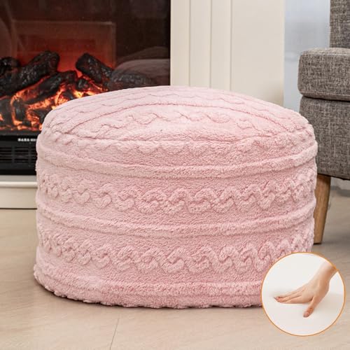 Round Plush Ottoman Pouf Stuffed– Fluffy Ottoman Foot Rest with Modern Foam Filler 20" x 14" Cozy Floor Pouf for Living Room & Bedroom - color: Pink