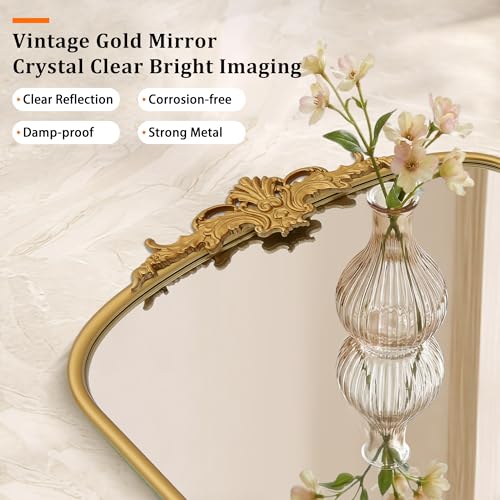 Besdomus Antique Arched Gold Mirror: 32"x24" French Large Gleaming Gold Antique Wall Mirror - Baroque Traditional Ornate for Fireplace/Bathroom/Bedroom - Ideal Gifts for Housewarming/Birthday - color: Gleaming Gold, size: 24"L x 32"W
