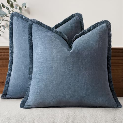 MIULEE Decorative Throw Pillow Covers Neutral Linen Fringe Throw Pillows Set of 2 Blue Ashes Boho Farmhouse Cushion Covers with Tassels for Couch Sofa Bed Home Spring Decor 18x18 Inch - color: Blue Ashes, size: 18" x 18" (Pack of 2)