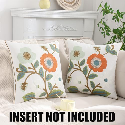 Embroidered Throw Pillow Covers 18x18 Pack of 2 Green and Orange Pillow Covers Flowers with Leaves Pillow Cushion Case Summer Decorative Farmhouse Pillowcases Square Rustic Floral Pillow Case - color: Orange and Green Flowers