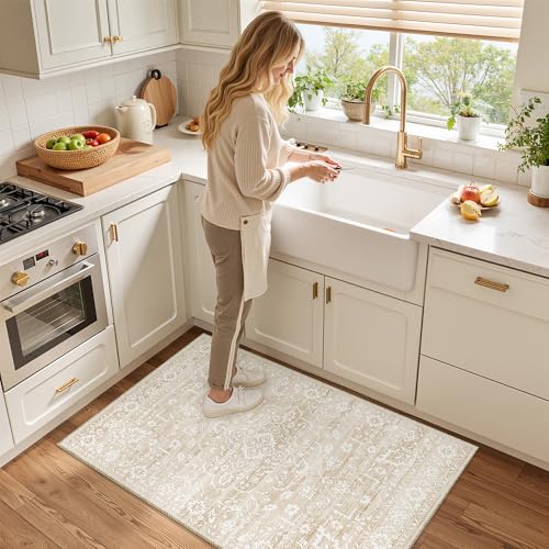 Soalmost 2x3 Area Rugs for Entryway,Washable Vintage Low Pile Non-Slip Throw Area Rugs, Accent Rug Floral Print Indoor Mat for Bedside Living Room Kitchen Bedroom (Beige,2'x3') - color: Beige, size: 2' x 3' (Rectangular)