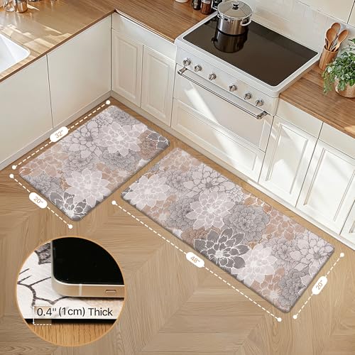 GENIMO Kitchen Mats for Floor, Kitchen Rugs Non Slip Washable Sets of 2, Waterproof Cushioned Anti Fatigue Mat, Floral Runner Rug for Laundry, Sink, Office, Home, 20"x32"+20"x48", Taupe Grey - color: Taupe Grey, size: 20"x32"+20"x48"