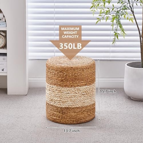 Wimarsbon 2Pcs Pouf Ottomans, Natural Seagrass Foot Stool, Hand Weaving Round Ottoman, Boho Decorative Seat, Jute Braided Pouffe Poof Accent Sitting Footrest for Living Room (White)