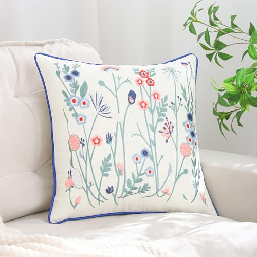 LUOYEHK Embroidered Throw Pillow Covers 18x18 Inch Set of 2 Blue and Pink Flowers Decorative Pillow Covers Spring Summer Flora Pillowcase Cushion Cover for Couch Sofa Bed Home Decor - color: Pink Blue Flower