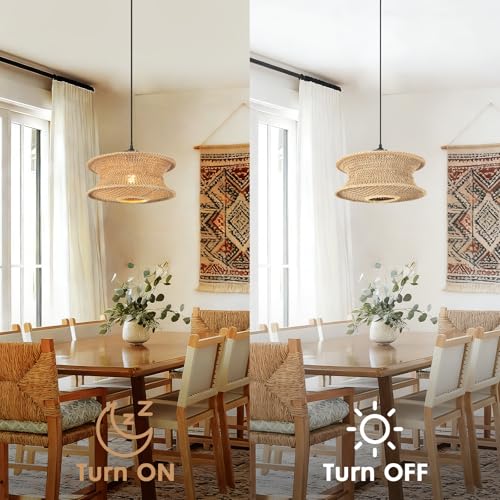 13" Boho Rattan Pendant Light Fixture, Hand Woven Hanging Ceiling Lamp for Kitchen Island, Dining Room, Entryway, Small Rustic Natural Woven Lighting