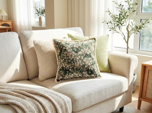 Vintage Floral Throw Pillow Cover with Fringe Trim 18x18, Cotton Cross Stitch Fabric, Abstract Oil Painting Style, Decorative Accent Cushion Cover