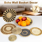 7 Pack Boho Wall Basket Set, Seagrass Rattan Wicker Boho Wall Decor, hanging Woven Wall Basket Decor, Eco-Friendly Round Art for Farmhouse Bedroom Living Room Display Table Settings Kitchen Home (Black Classic)