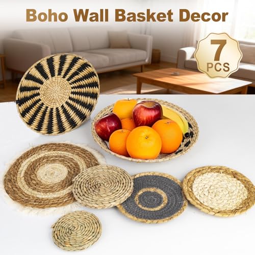 7 Pack Boho Wall Basket Set, Seagrass Rattan Wicker Boho Wall Decor, hanging Woven Wall Basket Decor, Eco-Friendly Round Art for Farmhouse Bedroom Living Room Display Table Settings Kitchen Home (Black Classic)
