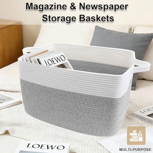 96L Large Blanket Basket,24"x16"x15"Rectangle Storage Bin with Handles,Woven Rope Laundry Basket for Toys, Clothes,Magazines,Home Organization,Nursery,Living Room & Bedroom,White&Grey - color: White & Grey, size: 24"x16"x15"(96L)