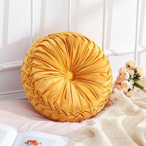 Drydiet 1 Pcs Round Throw Velvet Pillows Decorative Pleated Throw Pillows Diameter Accent Pumpkin Boho Chair Cushion for Couch Sofa Home Decoration (Yellow,15'') - color: Yellow, size: 15''