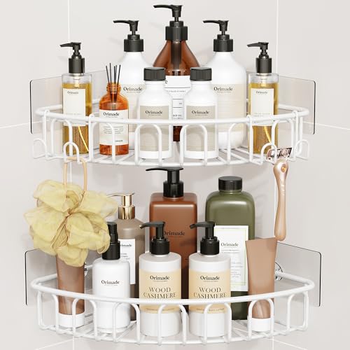 Orimade Corner Shower Caddy with 2 Hooks Wall Mounted Metal Bathroom Shelf Storage Organizer Adhesive No Drilling 2 Pack, White Only for 90-Degree Corner - color: White
