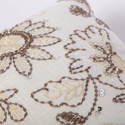 Floral Embroidered Lumbar Throw Pillow Cover 12x 20, Sequin Chinoiserie Flower Neutral Linen Pillow Cushion Cases, Farmhouse Decorative Pillows for Bed, Outdoor Couch White - color: White
