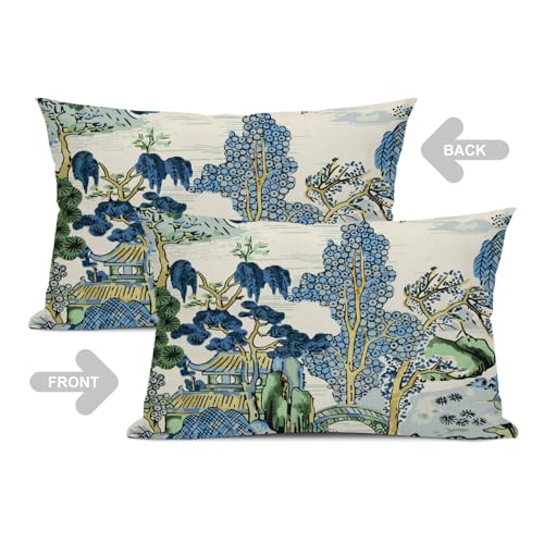 Chinoiserie Lumbar Pillow Covers 12 x 20 Set of 2 Asian Scenic Polyester Throw Pillow Cover Vintage Blue and Green Farmhouse Decorative Pillowcases for Living Room Couch Bed Sofa Outdoor - color: Chinoiserie, size: 20" x 12" (Pack of 2)