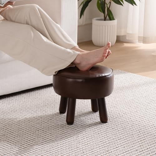 oakvivo Small Foot Stool Ottoman, Round Pouf Foot Rest, Footstool Ottomans with Rubber Legs Under Desk, Faux Leather Footrest for Couch, Living Room, Bedroom, Office, 13''L x 13''W x 10.2''H, Coffee - color: Coffee
