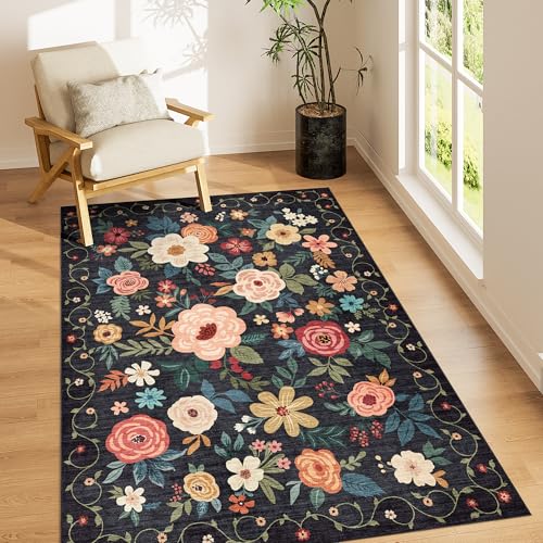 DUKINO 3x5 Area Rug, Floral Rugs for Living Room, Lightweight Non Slip Washable Rug, Indoor Low Pile & Non-Shedding Boho Design Rugs for Bedroom, Living Room, Dining Room, Black - color: Black, size: 3' x 5' (Rectangular)