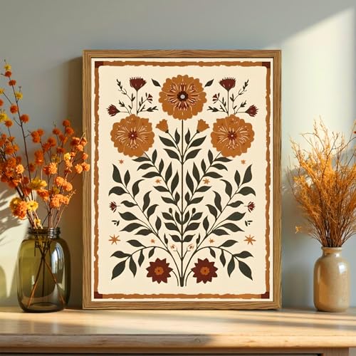 Framed Vintage Mexican Floral Wall Art, Boho Flower Pictures Wall Decor, Folk Marigolds Botanical Paintings Canvas Prints Rustic Home Decor for Living Room Bedroom 16x24 inch - color: Boho Floral, size: 24"L x 16"W