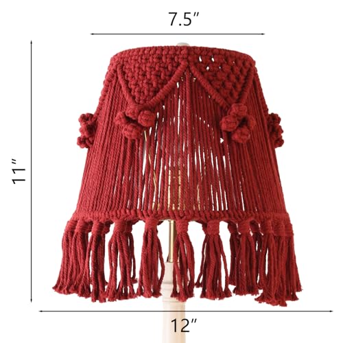 Wine Red Boho Woven Lamp Shade Bell Tassels Lampshade 7.5``Top x 12``Bottom x 11``High(Spider) Medium Handmade Lamp Shades for Table & Bedside Lamp - Easy Assemble - color: Red, size: Medium (7.5" Top x 12" Bottom x 11" High)