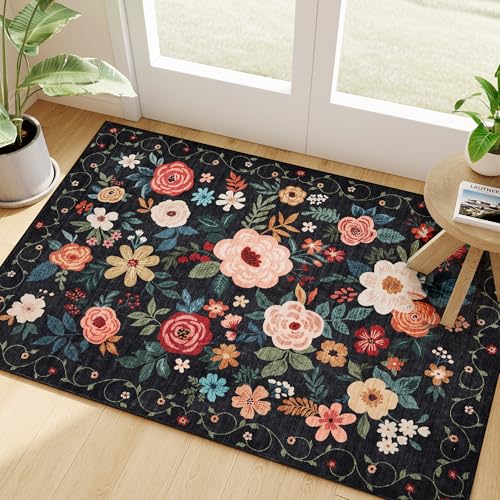 DUKINO 2x3 Rugs for Entryway, Floral Indoor Washable Door Mat, Non Slip Boho Small Rug for Kitchen, Soft Low Pile, Front Door Throw Rug for Entrance, Bedroom, Kitchen, Laundry, Bathroom, Black - color: Black, size: 2' x 3' (Rectangular)