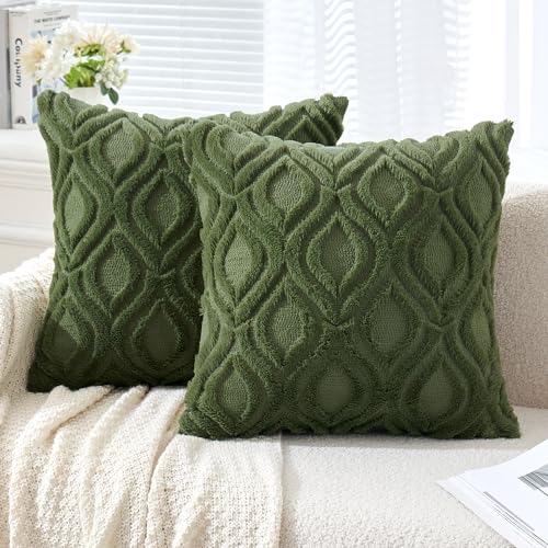 MIULEE Moss Green White Throw Pillow Covers 20x20 Inch, Soft Winter Plush Faux Wool Couch Pillow Covers Set of 2 Decorative Farmhouse Boho Throw Pillows for Sofa Living Room Bed - color: Moss Green, size: 20" x 20" (Pack of 2)